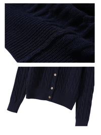 Thumbnail for Navy blue cable knit cardigan with button details on a white background