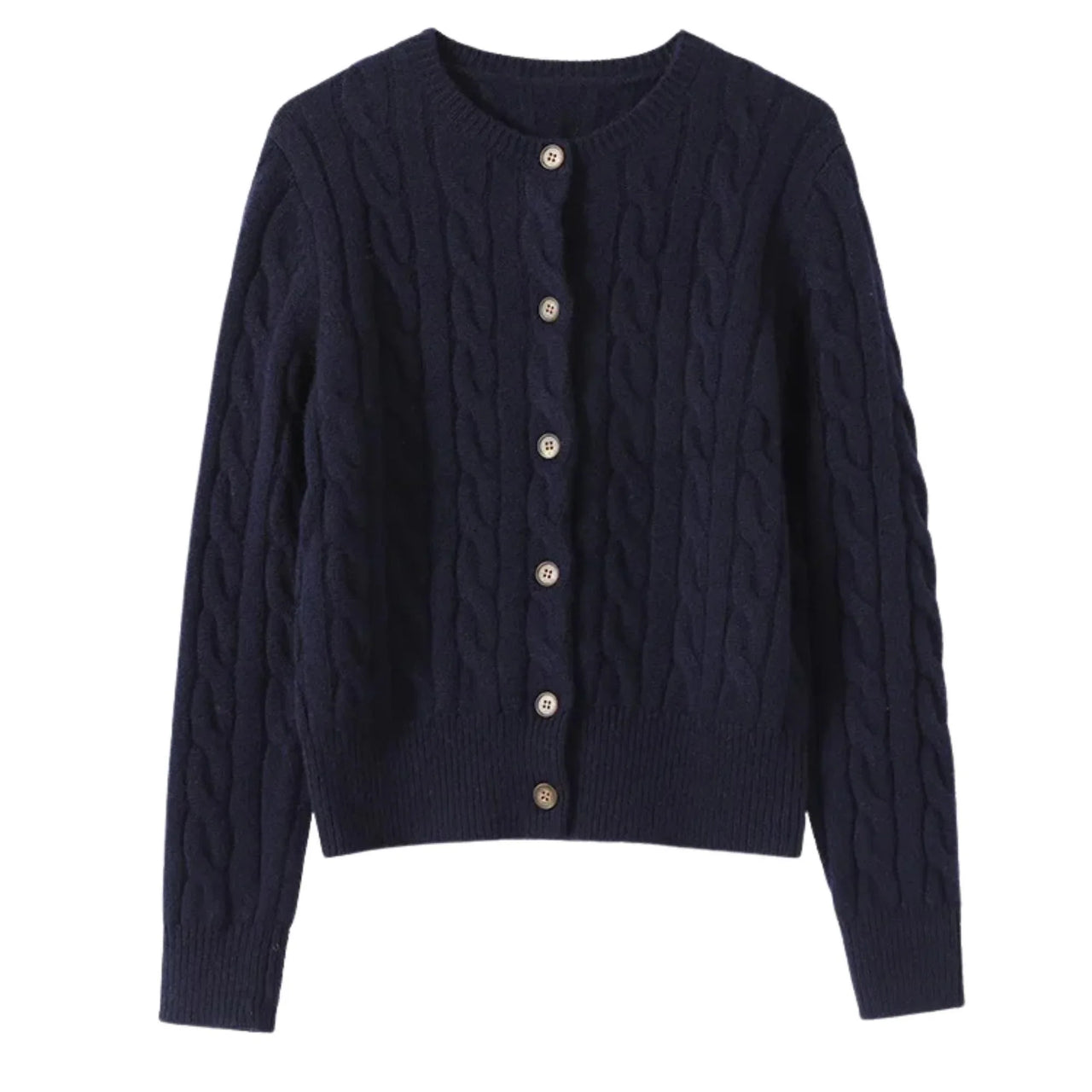 Navy blue cable knit cardigan with button details on a white background