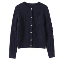 Thumbnail for Navy blue cable knit cardigan with button details on a white background