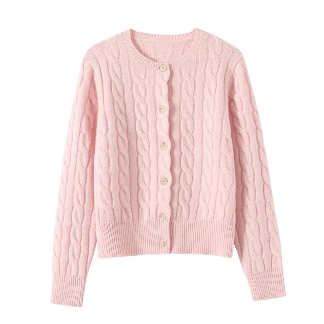 Pink cable knit cardigan on a white background