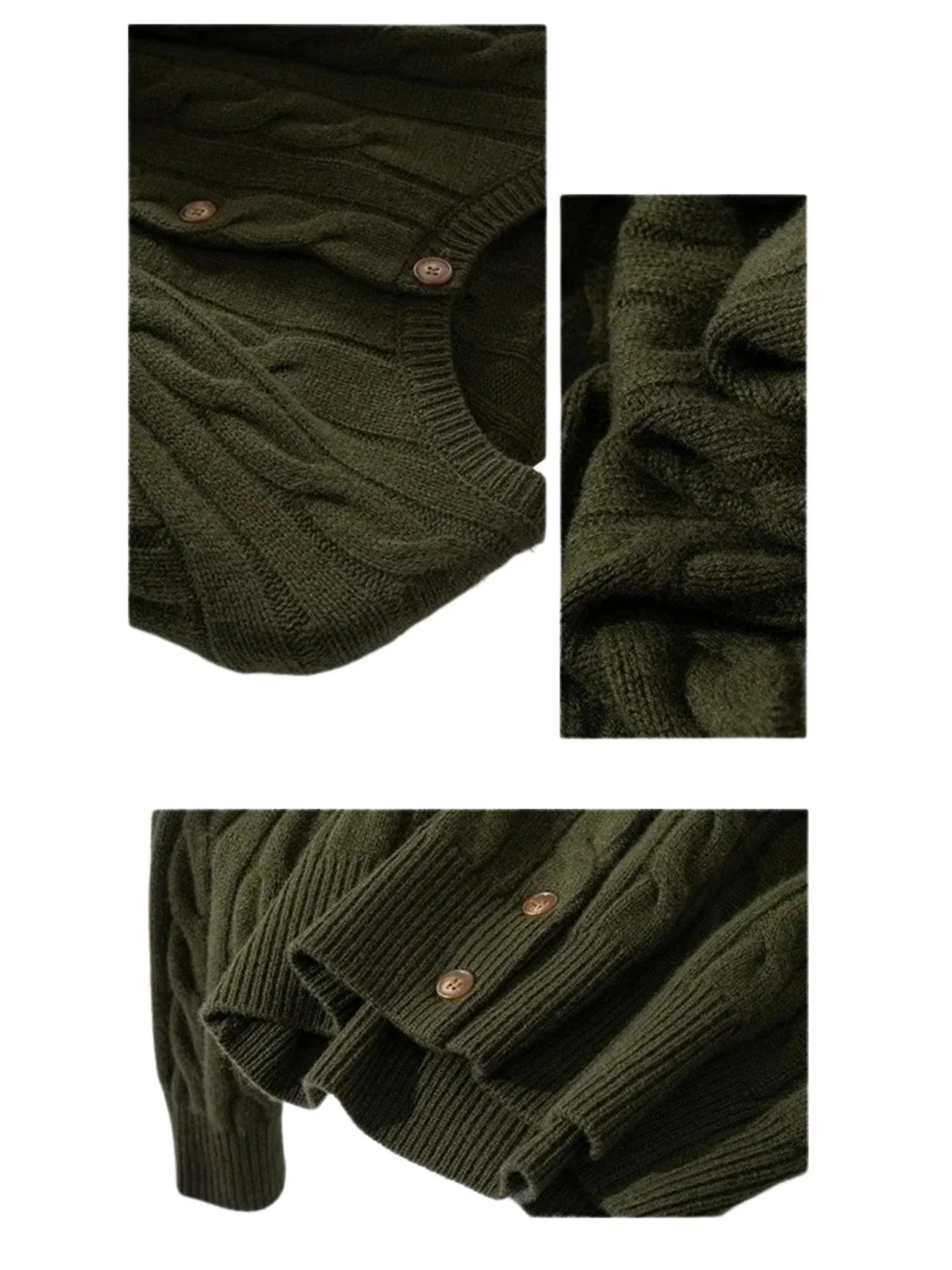 Collage of a green knitted sweater with close-up details on a white background
