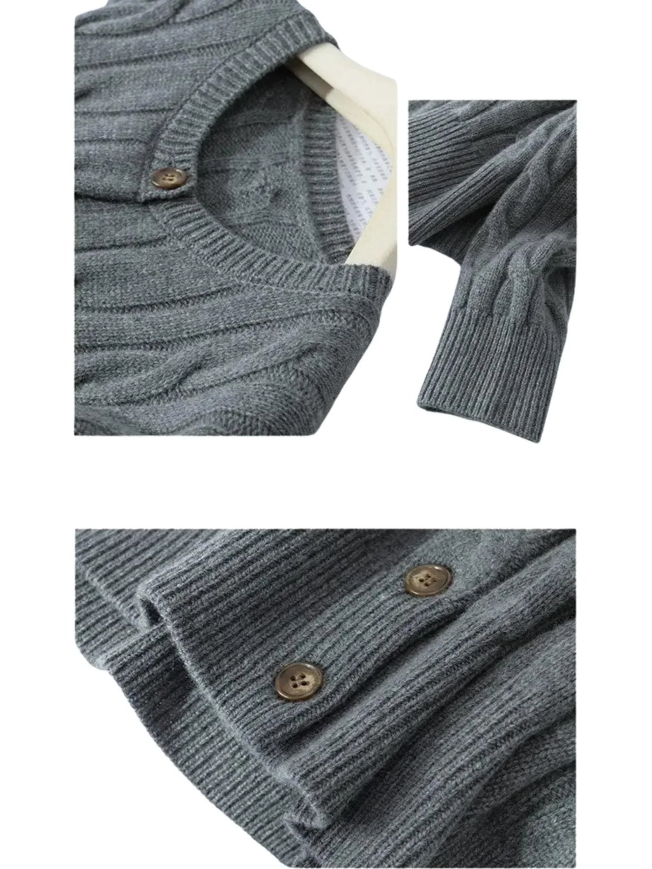 Gray knitted cardigan with brown buttons on a white background