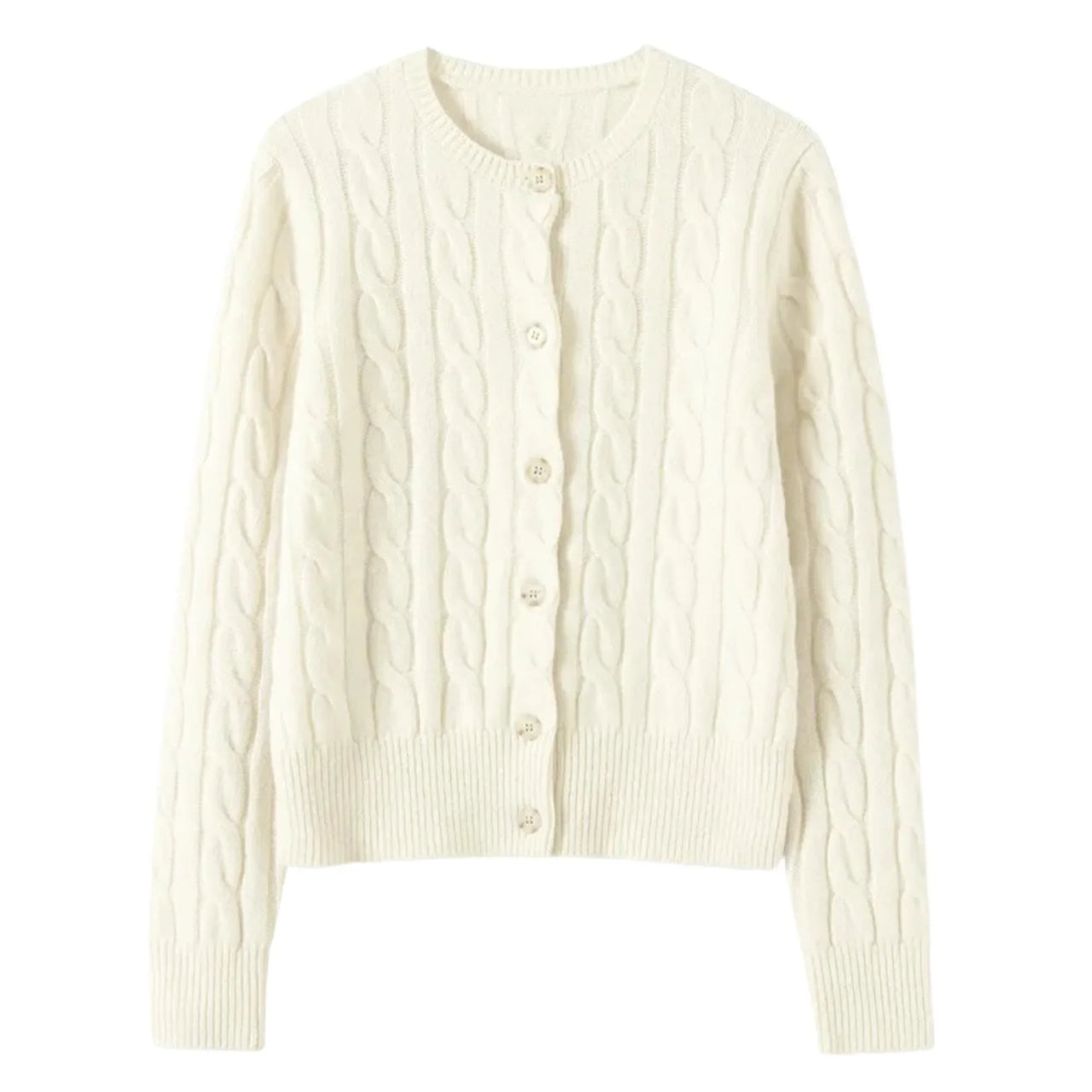 White cable knit cardigan on a white background