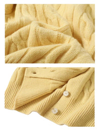 Thumbnail for Close-up of a yellow knitted cardigan with button details.