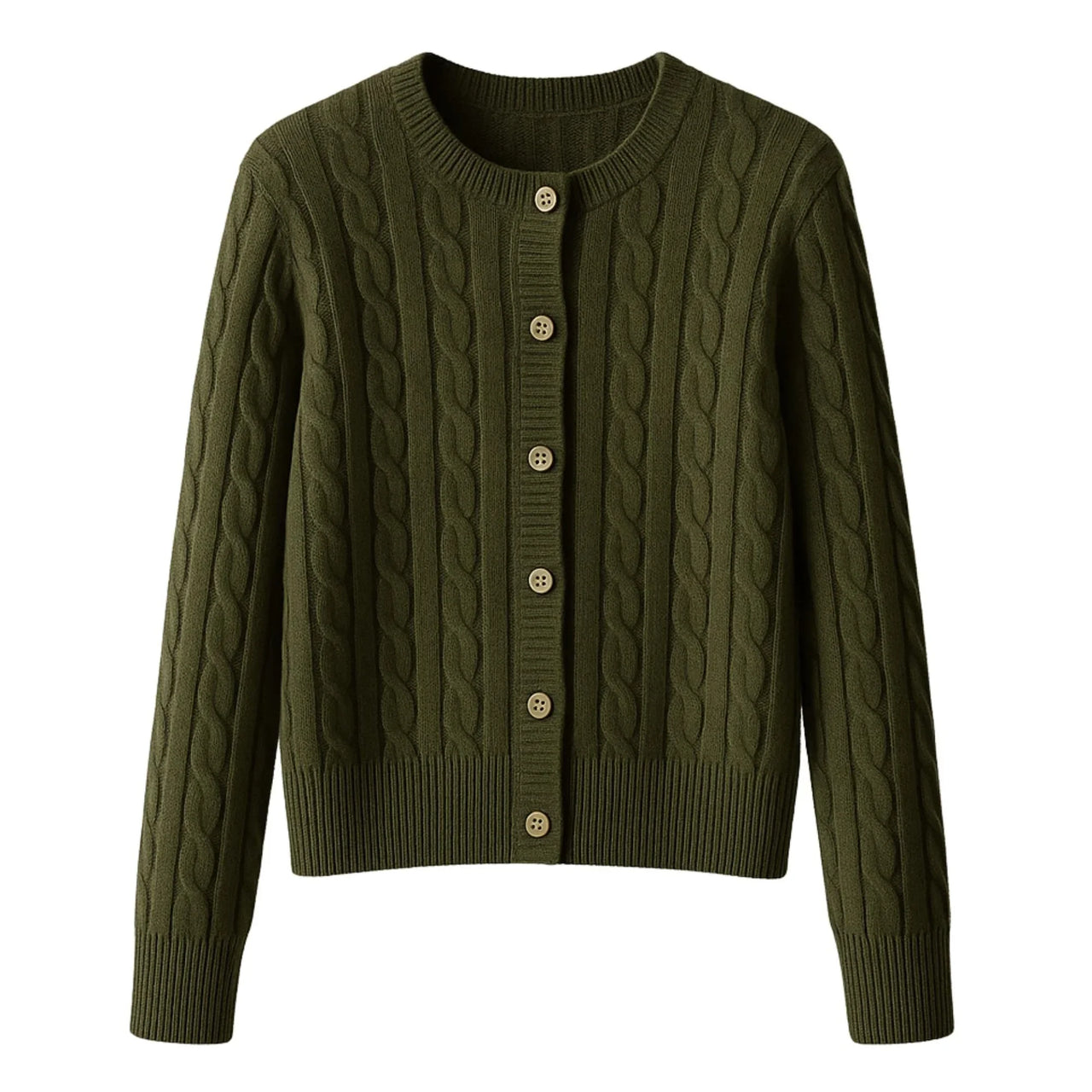 Green cable knit cardigan with button details on a white background