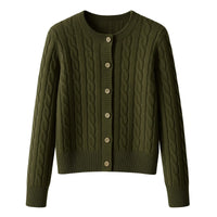 Thumbnail for Green cable knit cardigan with button details on a white background