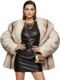Thumbnail for Woman wearing a white striped faux fur coat and black leather dress with a gold handbag on a white background