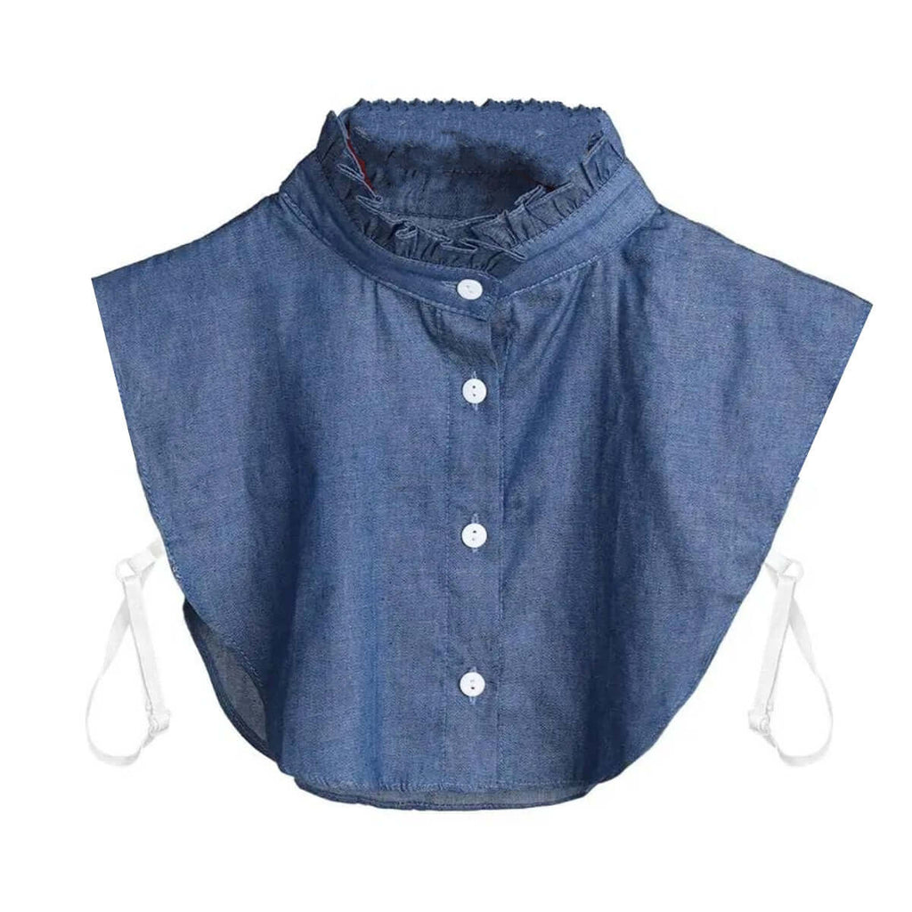 1pc Fake Collar - Detachable Dark Blue Denim High Neck Ruffle Shirt Collar for Women