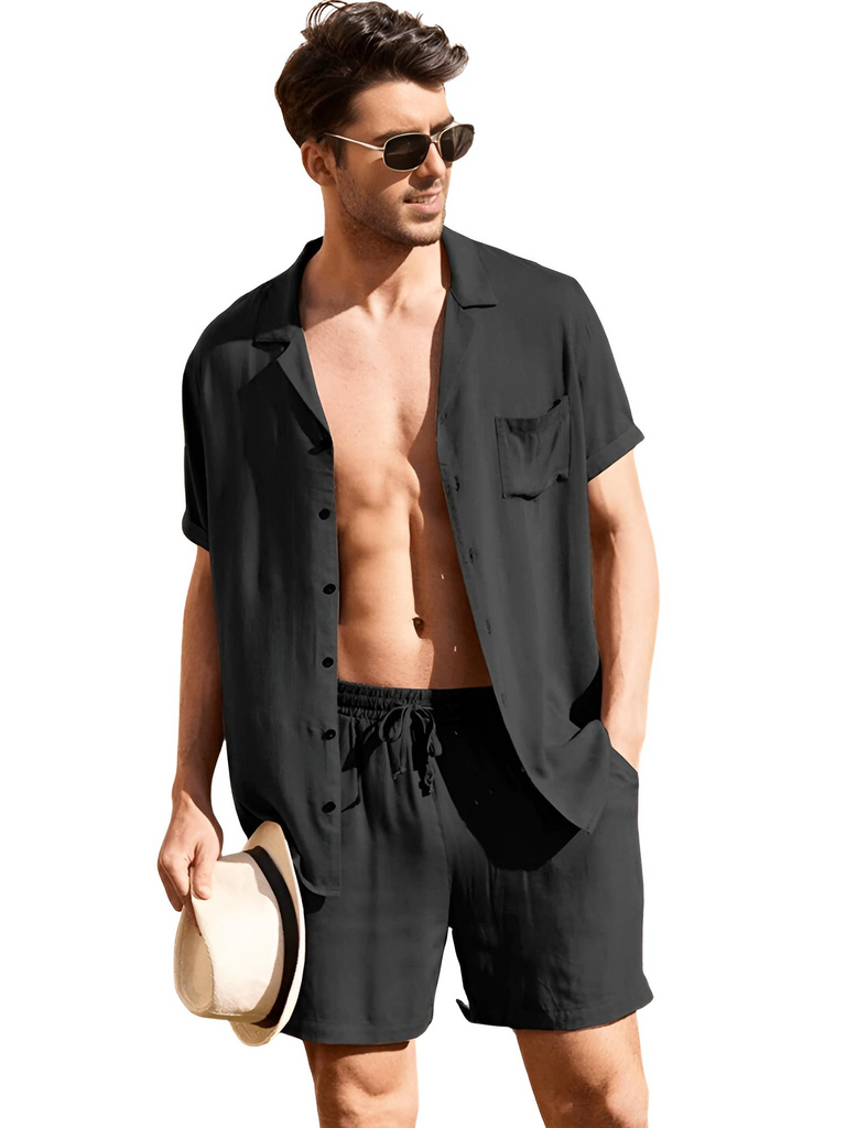 Shop Drestiny for a trendy 2-piece black beach short set for men. Enjoy free shipping and let us cover the tax! Don't miss out on up to 50% off, only for a limited time. As seen on FOX/NBC/CBS.