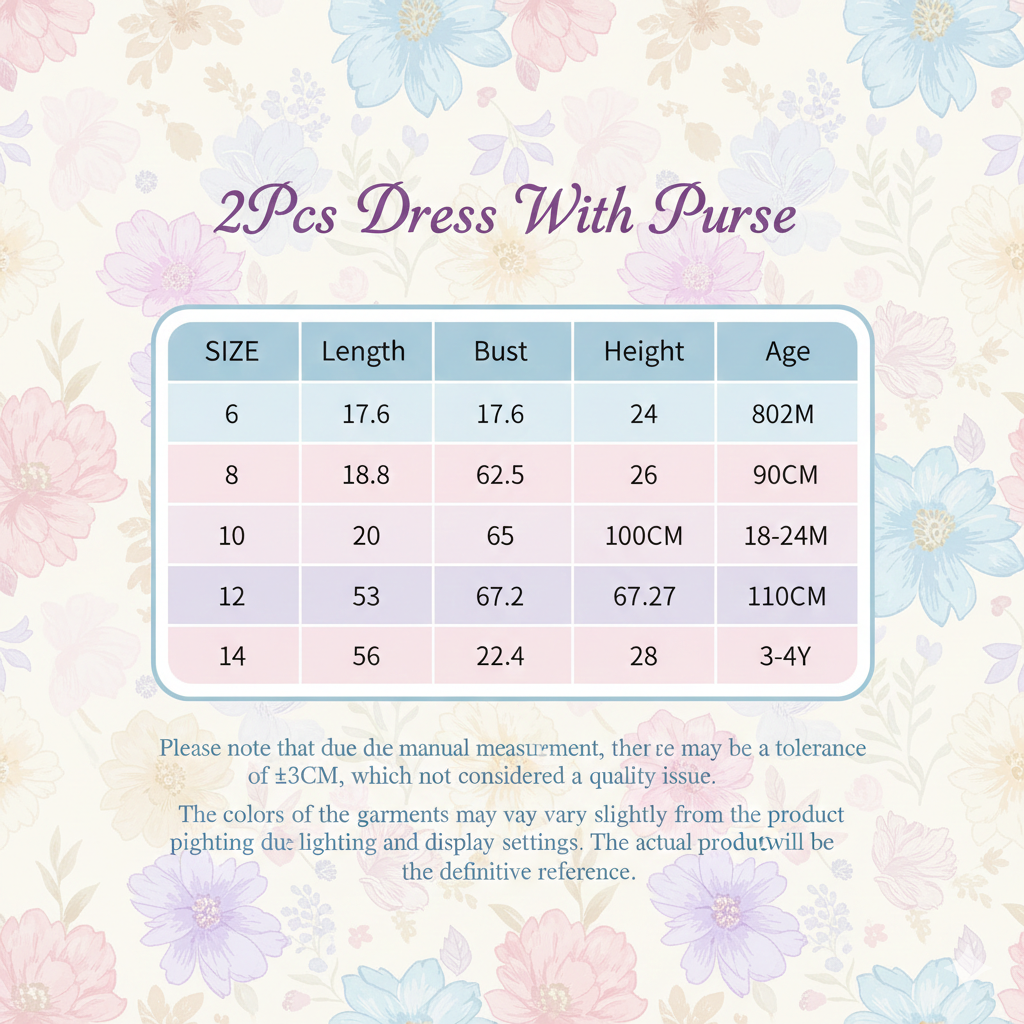 Measurement chart for childrens dresses with a floral background