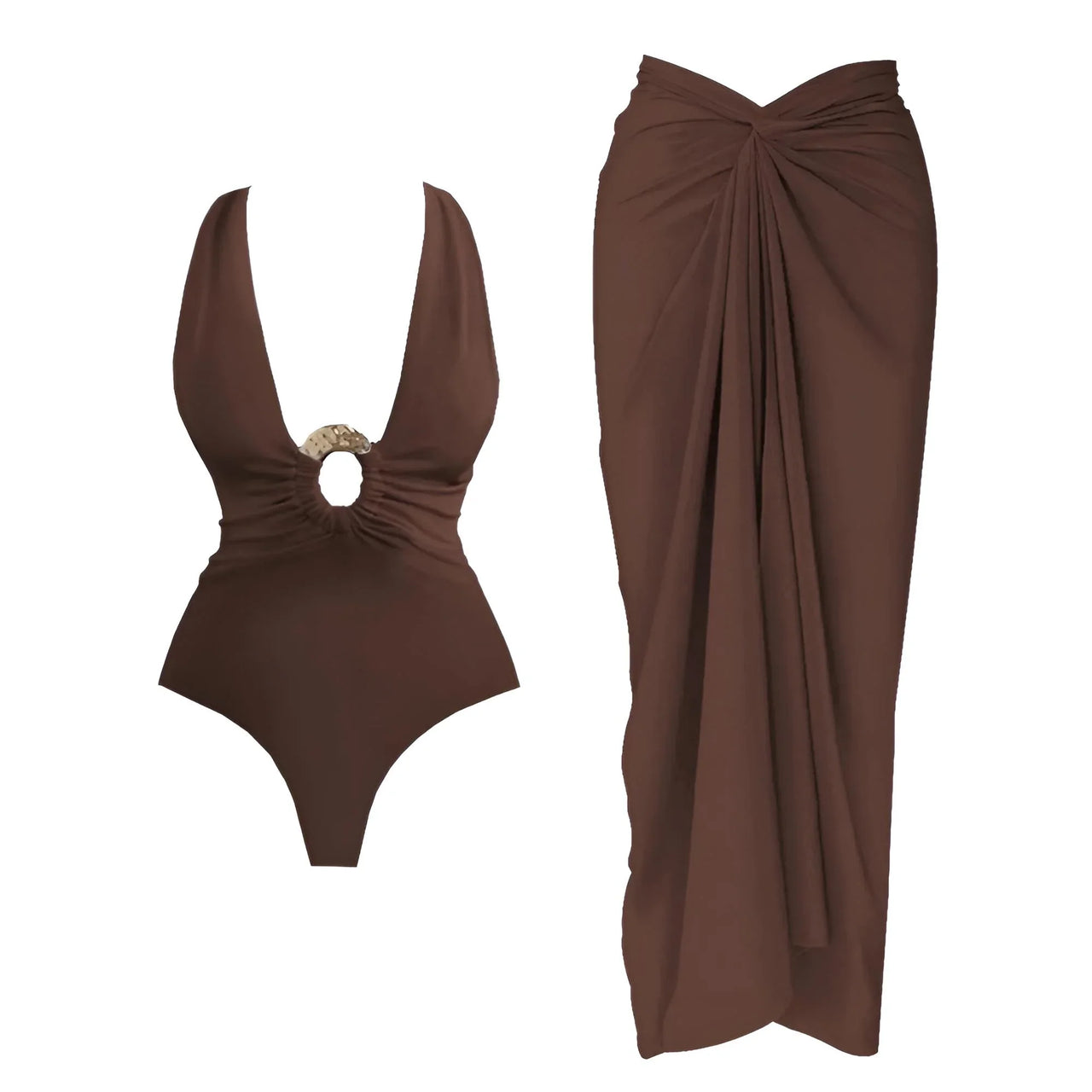 2Pcs Deep V Swimsuit Set With Long Skirt Women's Sexy Swimwear Sets Female Bikini Cut Out Biquini Beachwear, Drestiny, Sets, Skirts, Cover-Ups, One Piece Swimsuits, Bikinis, S, M, L, XL, One Shoulder, United States, Canada, USA, Australia, New Zealand, United Kingdom, UK, two piece sets, bikini cover ups, beach cover up sarong, bikini cover ups, bikini cover up skirts, sarong wrap cover up,  Dark Brown, White, Light Blue, Brown, Beige, Black, kaftan cover up uk, shopdrestiny.com