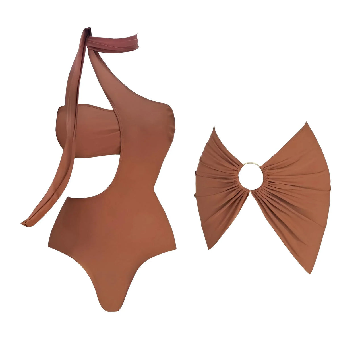 2Pcs Deep V Swimsuit Set With Long Skirt Women's Sexy Swimwear Sets Female Bikini Cut Out Biquini Beachwear, Drestiny, Sets, Skirts, Cover-Ups, One Piece Swimsuits, Bikinis, S, M, L, XL, One Shoulder, United States, Canada, USA, Australia, New Zealand, United Kingdom, UK, two piece sets, bikini cover ups, beach cover up sarong, bikini cover ups, bikini cover up skirts, sarong wrap cover up,  Dark Brown, White, Light Blue, Brown, Beige, Black, kaftan cover up uk, shopdrestiny.com