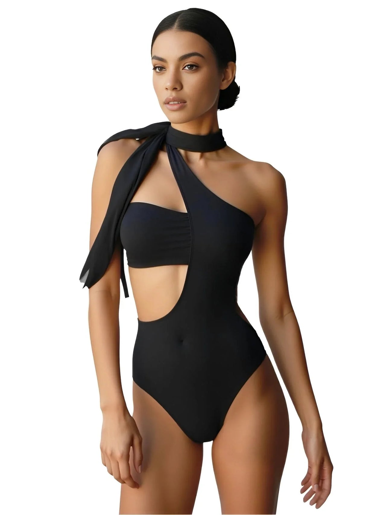 Black halter neck swimsuit worn by a model on a white background