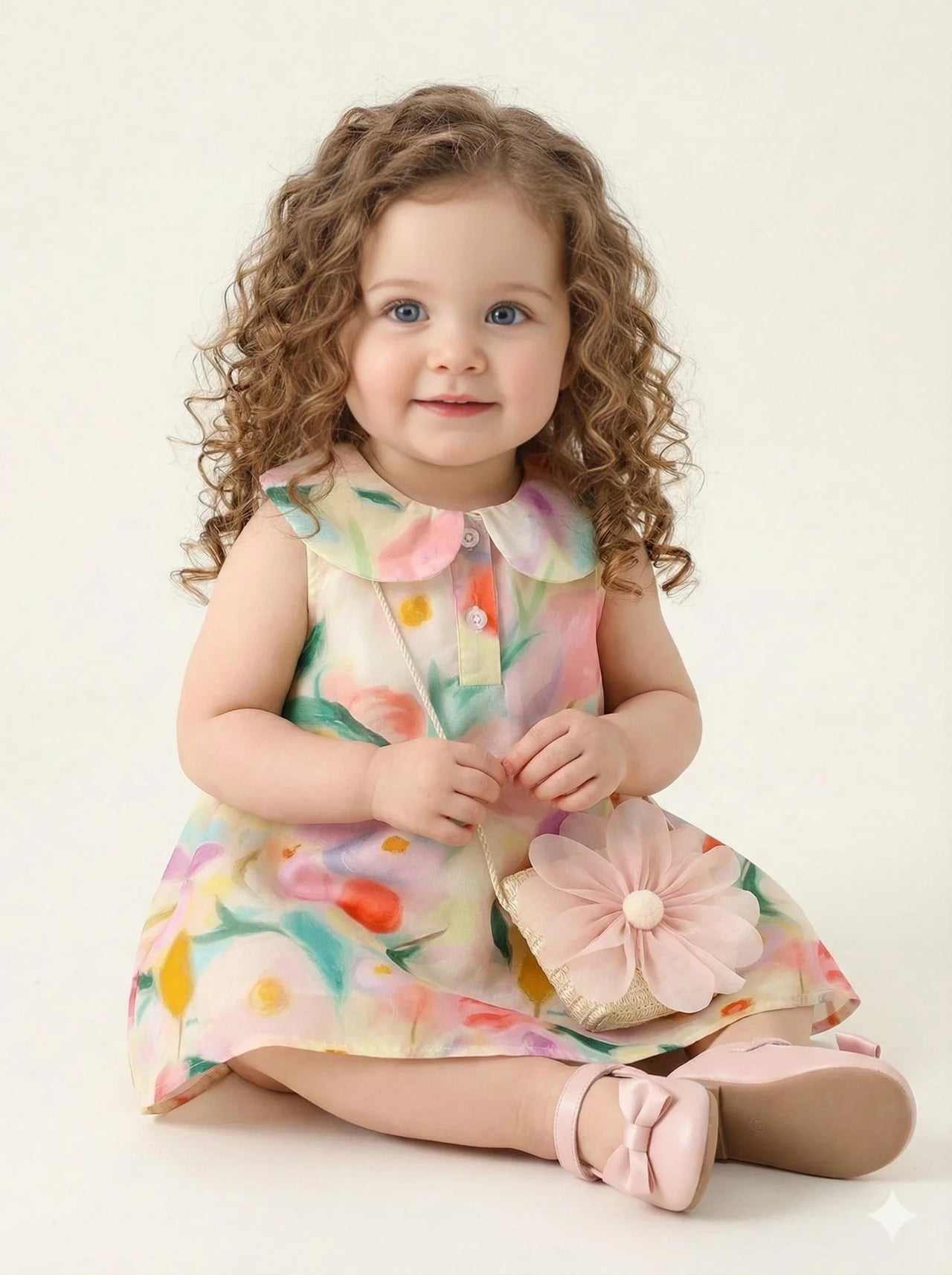 2Pcs Dress With Purse Sweet Large Doll Collar Sleeveless Dress Paired With Large Flower Crossbody Bag