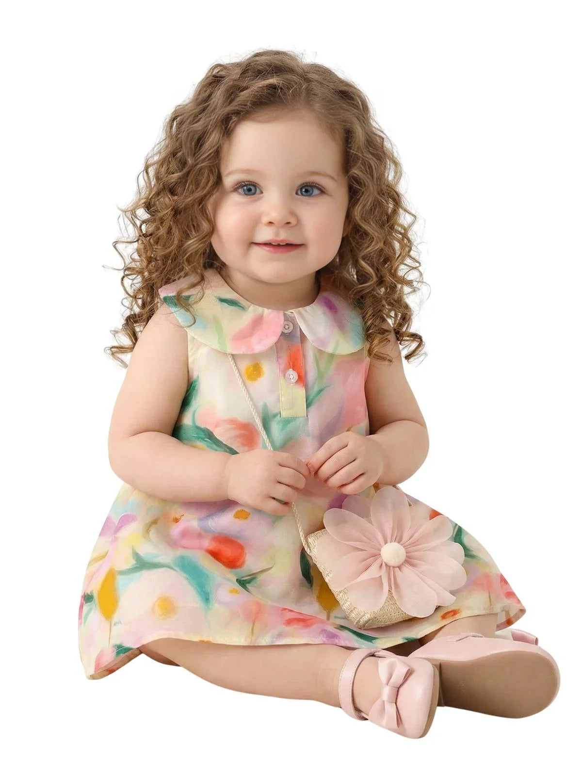 2Pcs Dress With Purse Sweet Large Doll Collar Sleeveless Dress Paired With Large Flower Crossbody Bag