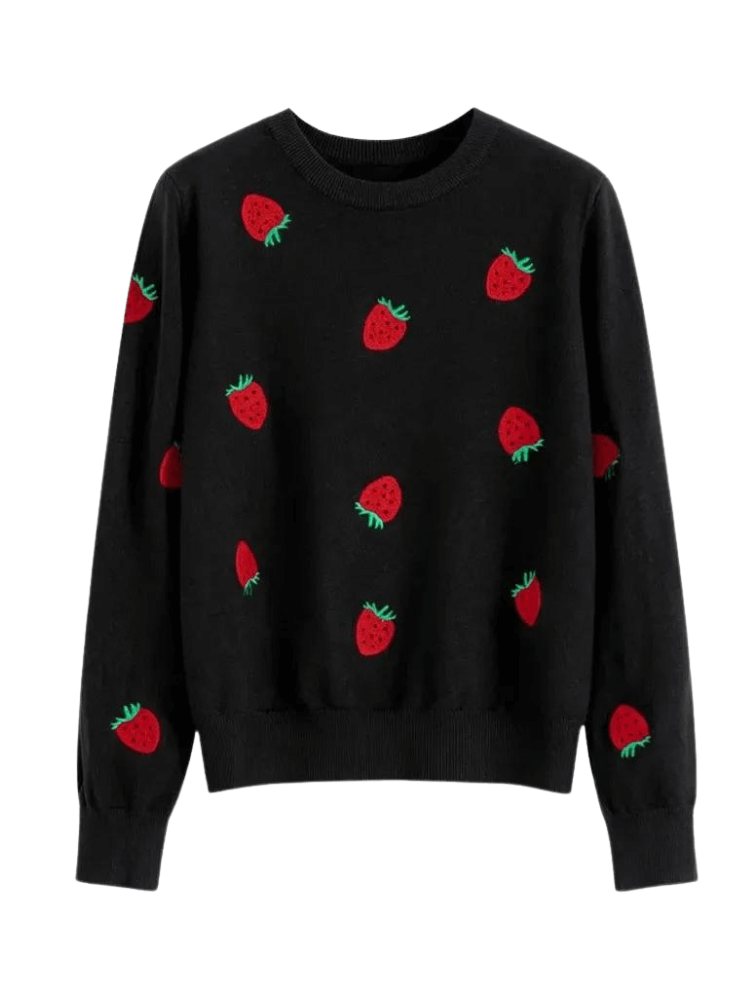 Black 3-D Strawberry Sweaters For Women