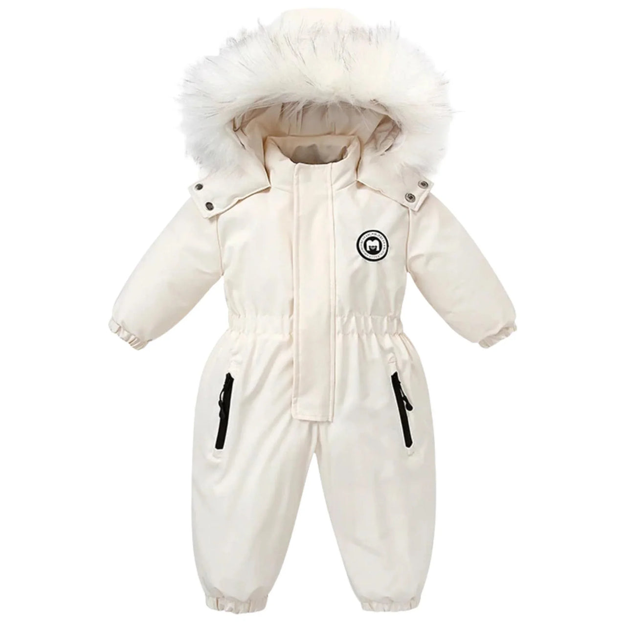 White baby snowsuit with fur hood on a white background