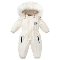 Thumbnail for White baby snowsuit with fur hood on a white background