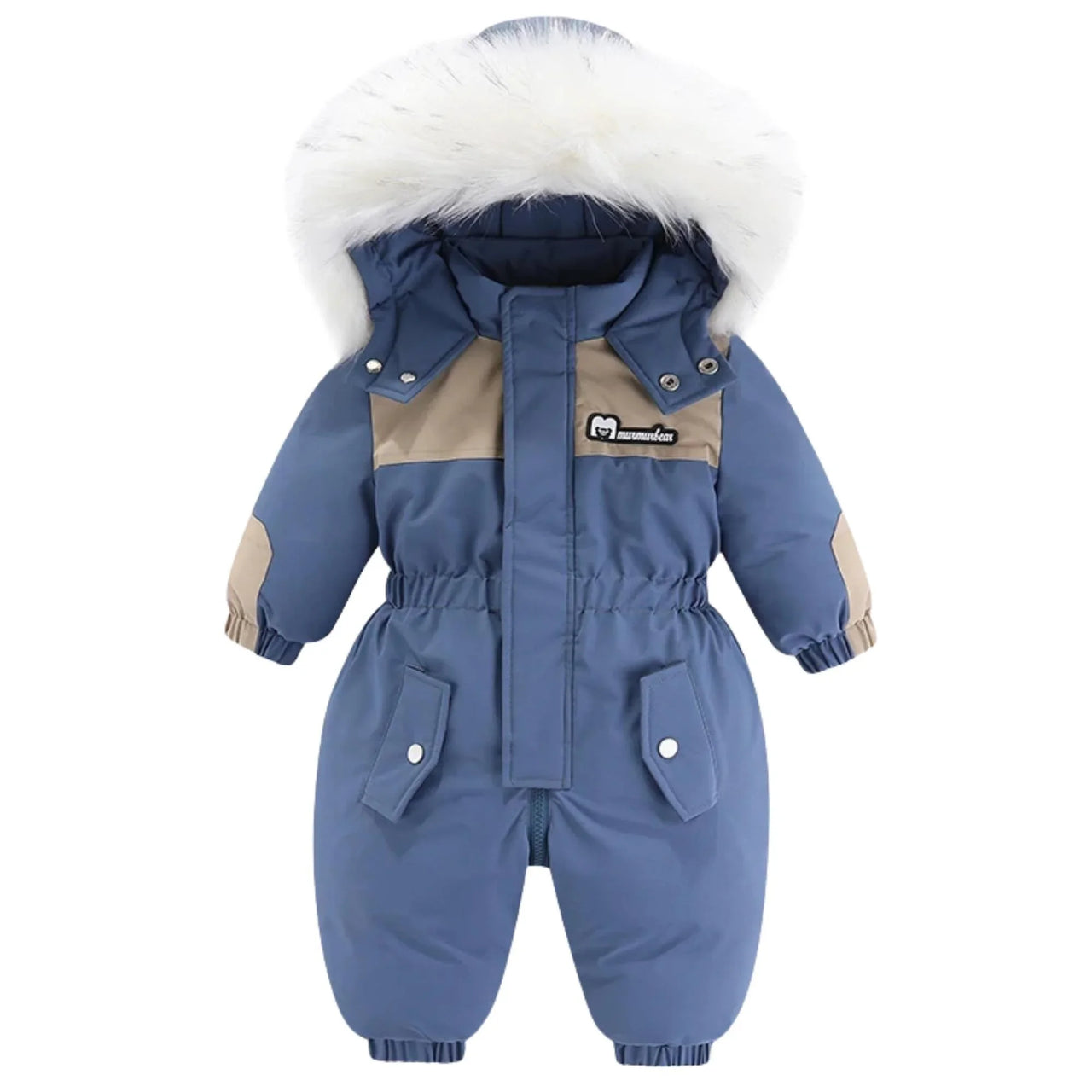 Blue baby snowsuit with white fur hood on a white background