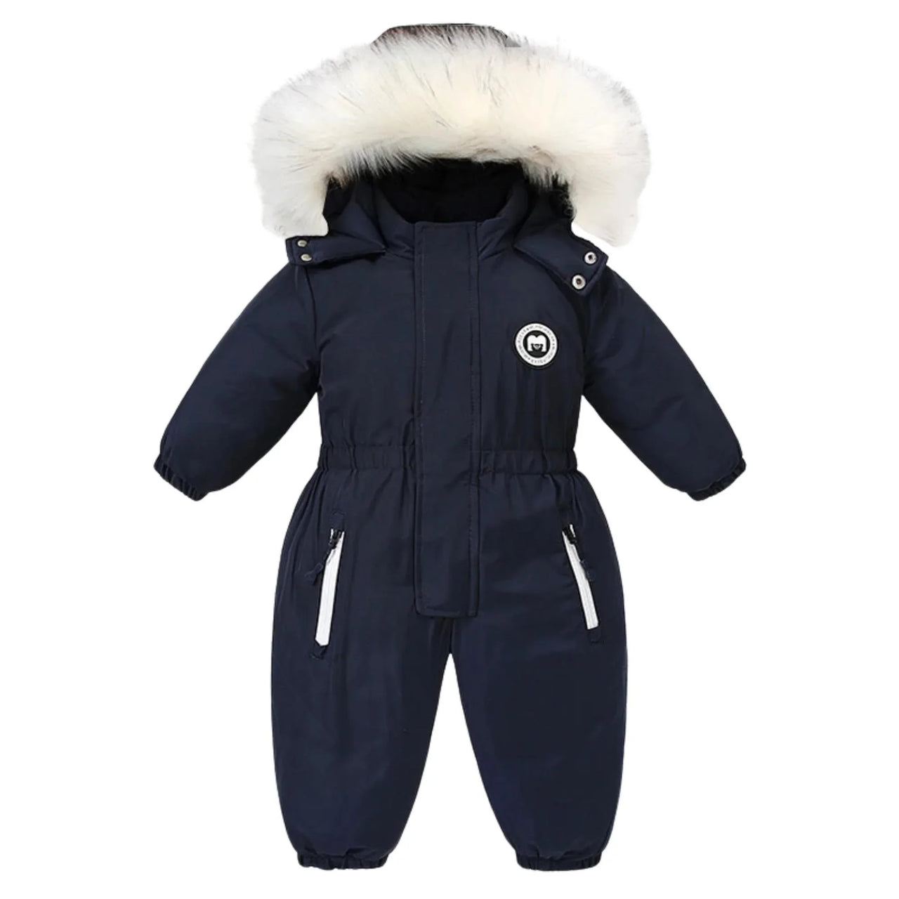 Navy blue kids snowsuit with white fur hood on a white background