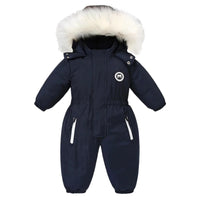 Thumbnail for Navy blue kids snowsuit with white fur hood on a white background