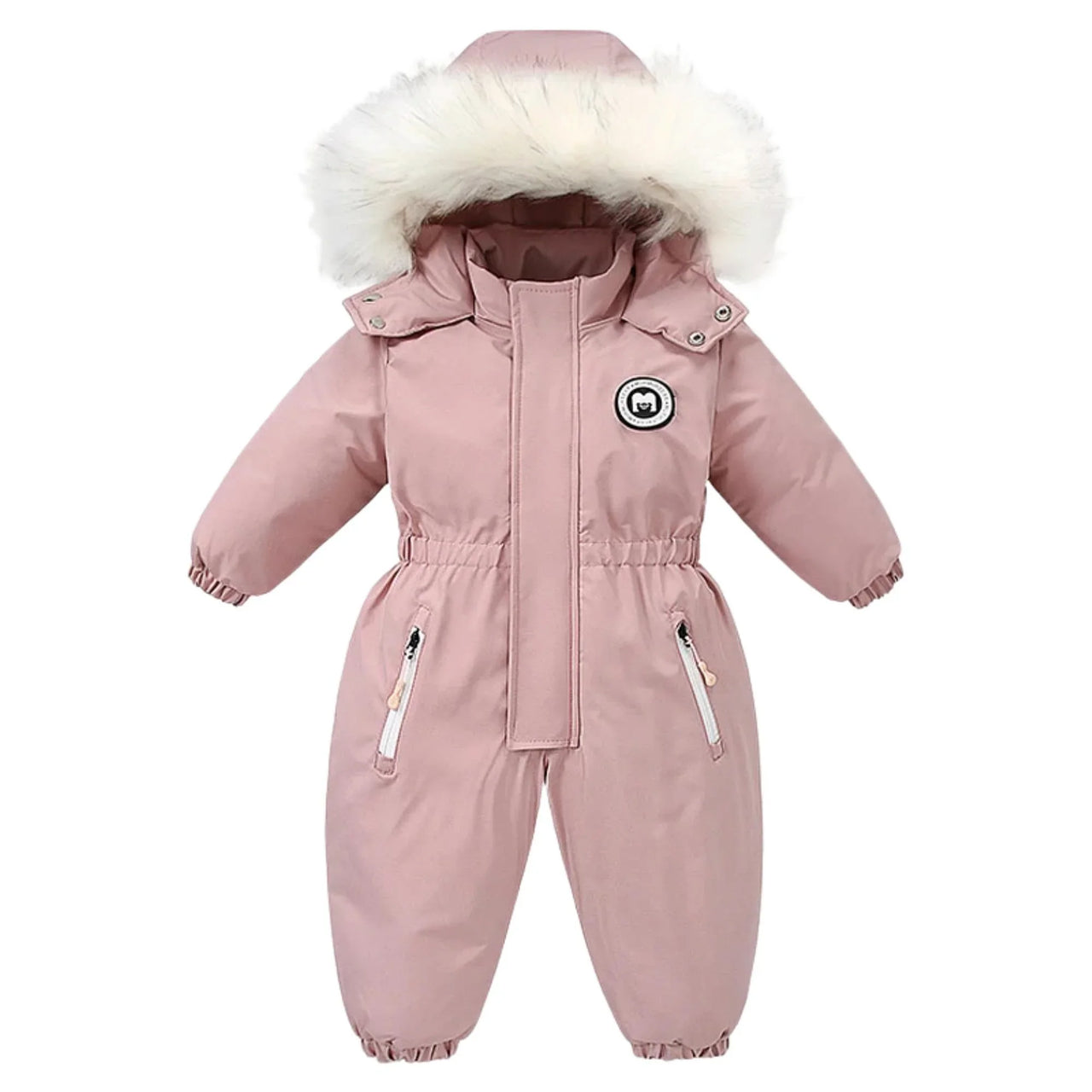 Pink baby snowsuit with fur hood on a white background