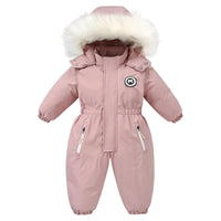 Thumbnail for Pink baby snowsuit with fur hood on a white background