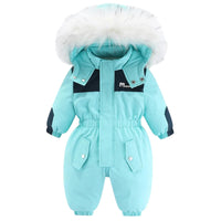 Thumbnail for Light blue baby snowsuit with white fur hood on a white background