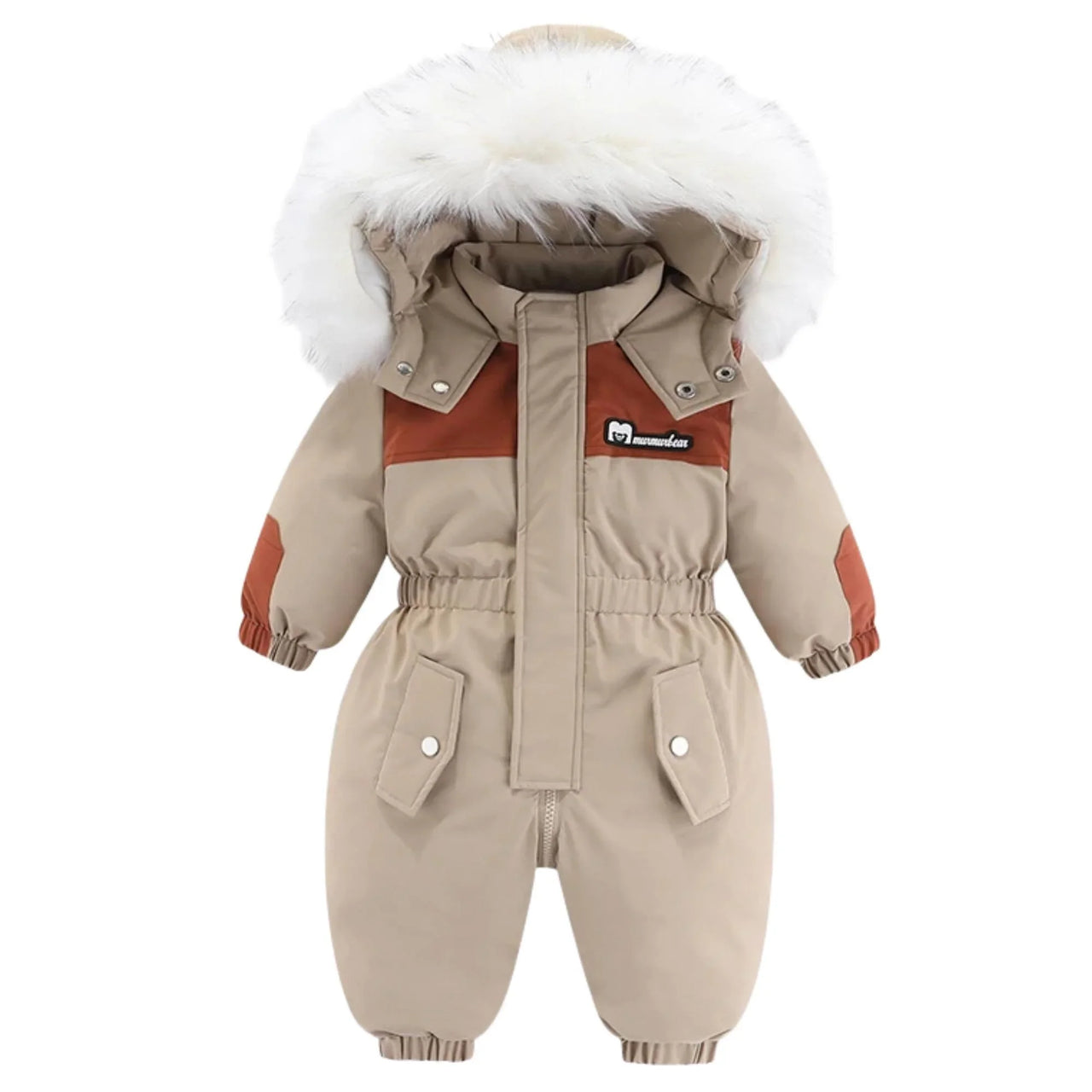 Beige and brown baby snowsuit with white fur hood on a white background