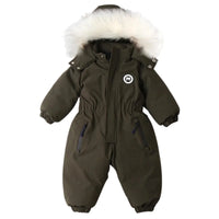 Thumbnail for Green snowsuit with white fur hood on a white background