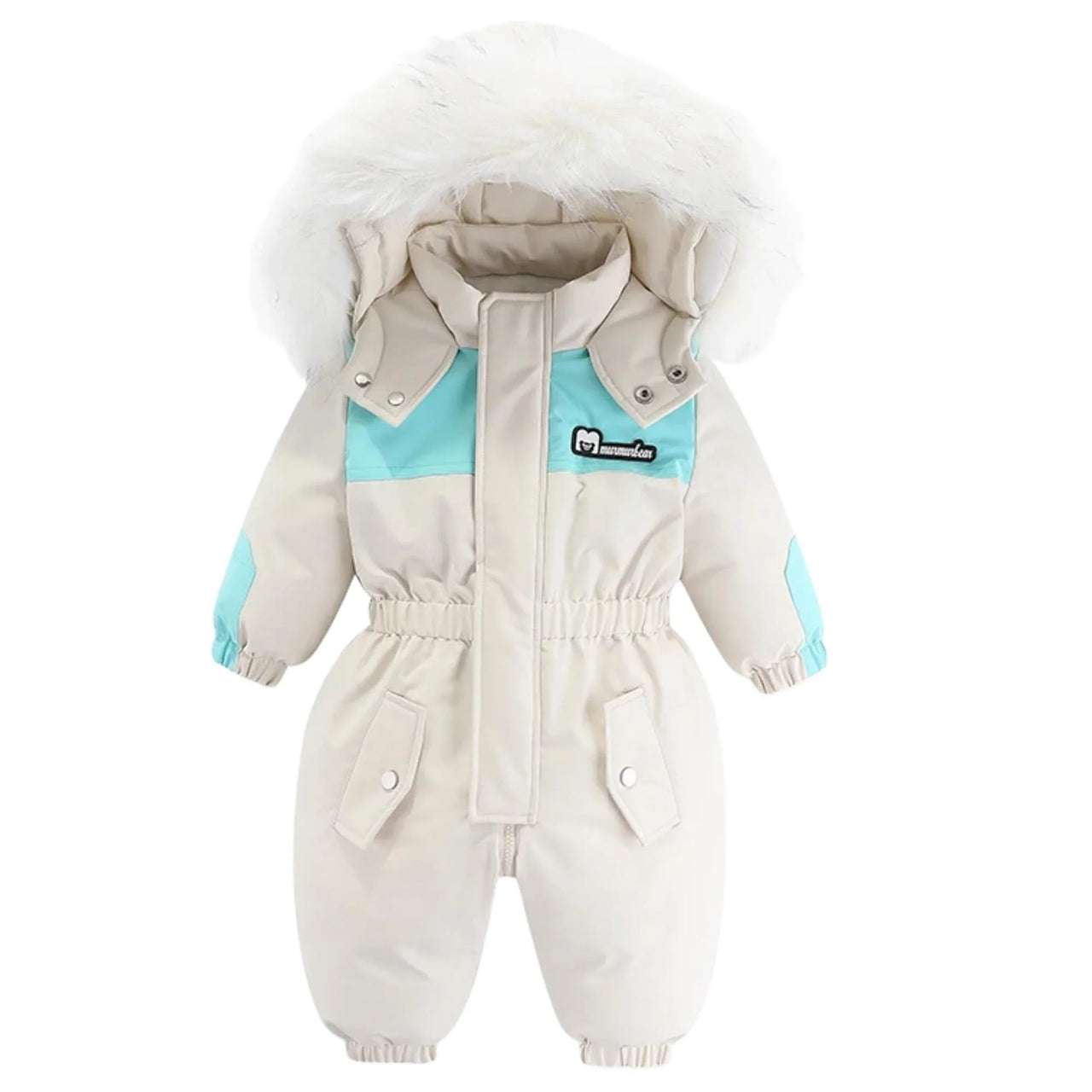 Children's snowsuit with fur hood on a white background