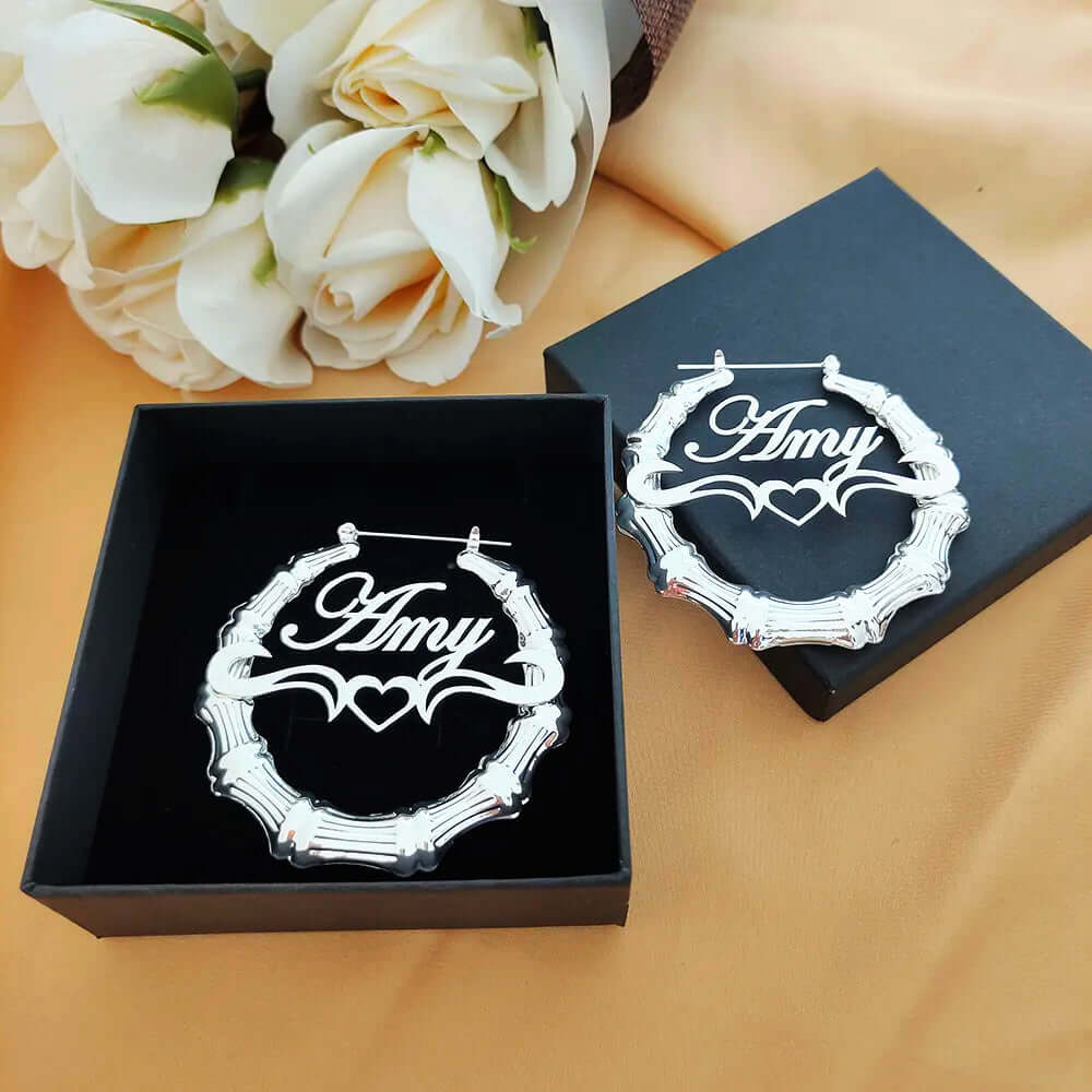 30mm-100mm Customized Name Silver Bamboo Earrings