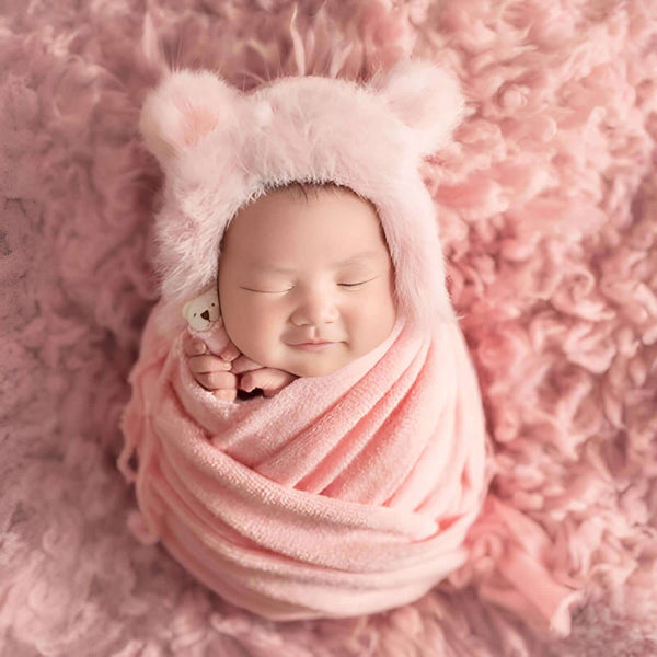 3pcs/Set Newborn Photography Pink Wraps +  Faux Fur Hat + Bear Doll