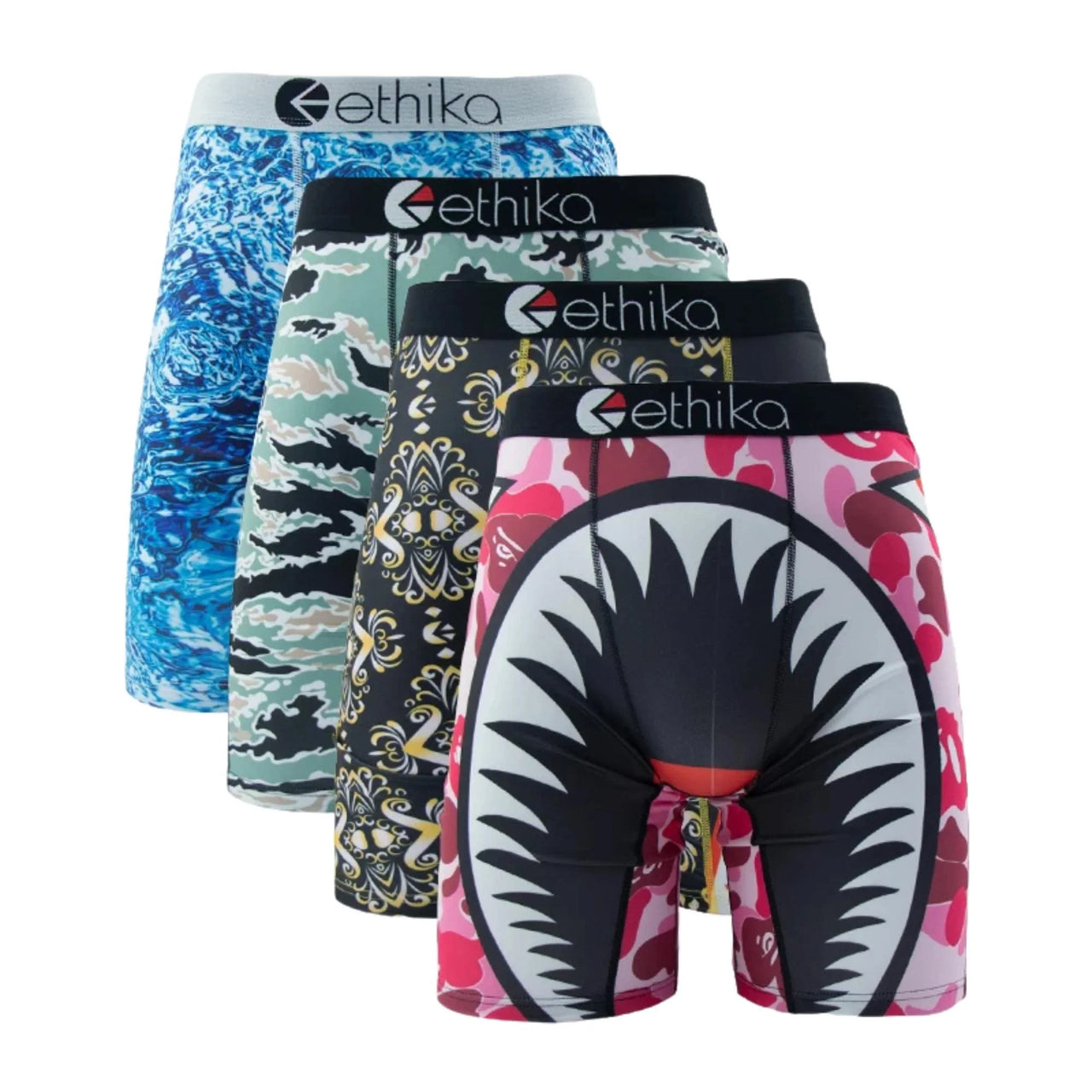 Four pairs of men's boxer briefs with different designs on a white background