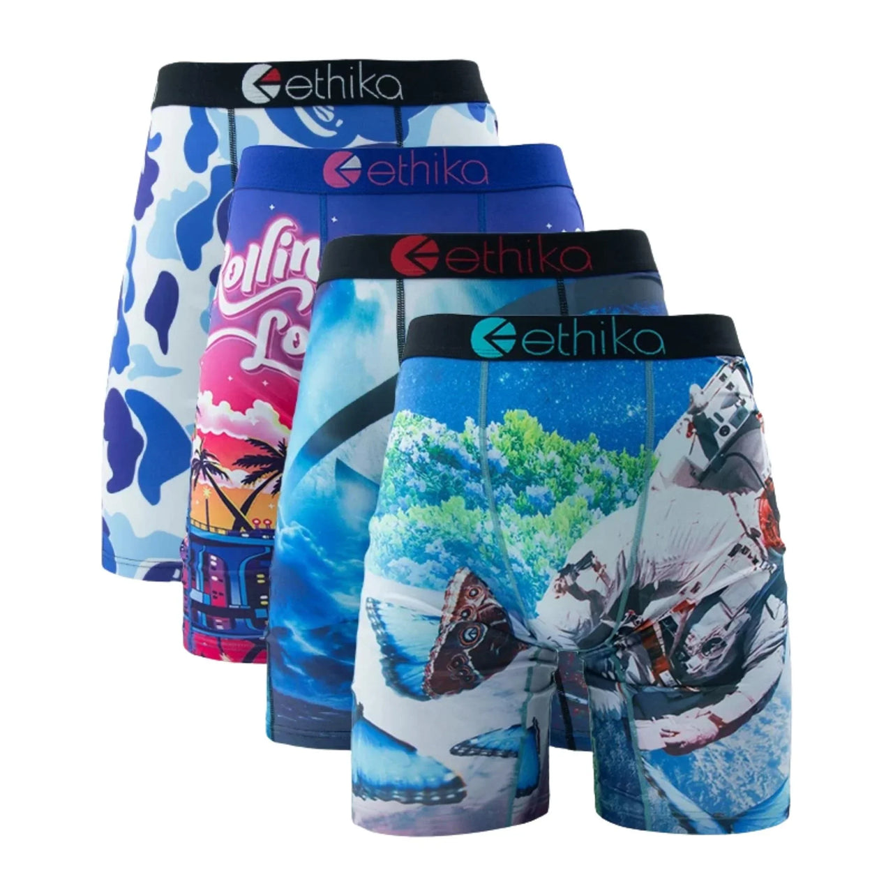 Four pairs of boxer briefs with various designs on a white background