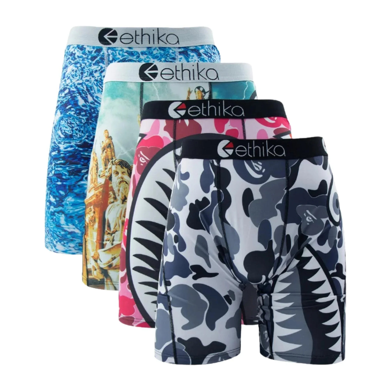 Four pairs of men's boxer briefs with different designs on a white background
