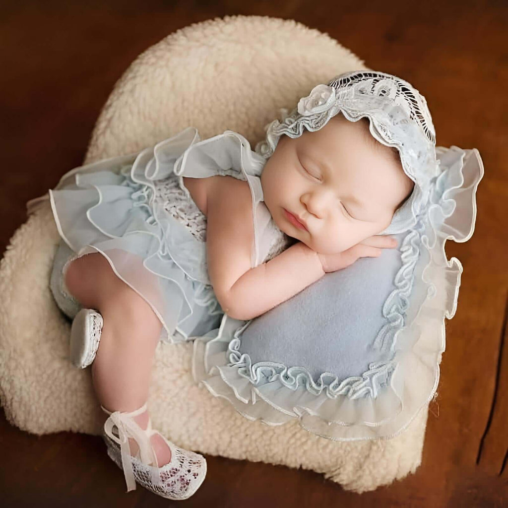 5Pcs Baby Blue Lace Dress + Hat + Pillow + Shorts + Shoes Set