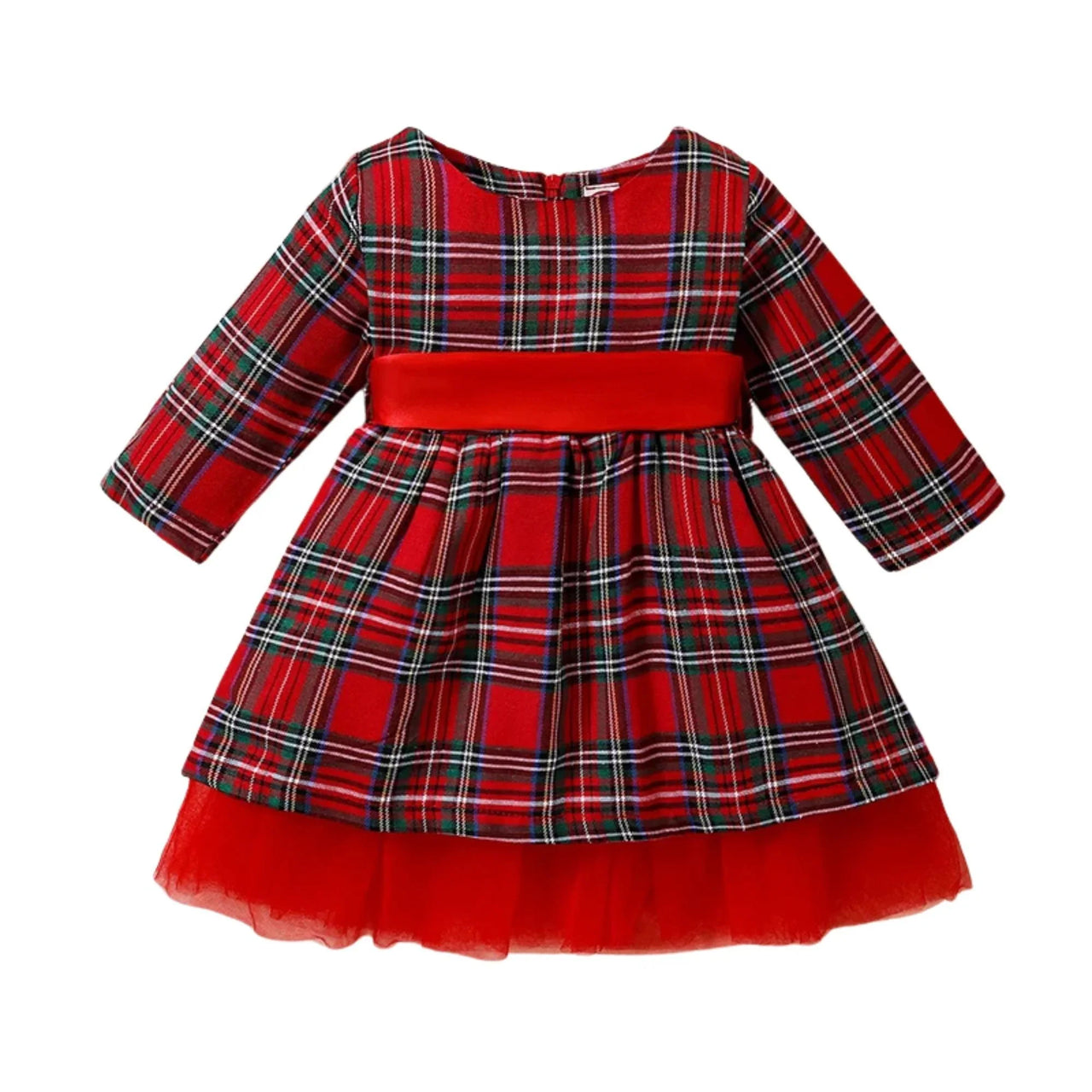 Baby's red plaid dress with a red belt on a white background
