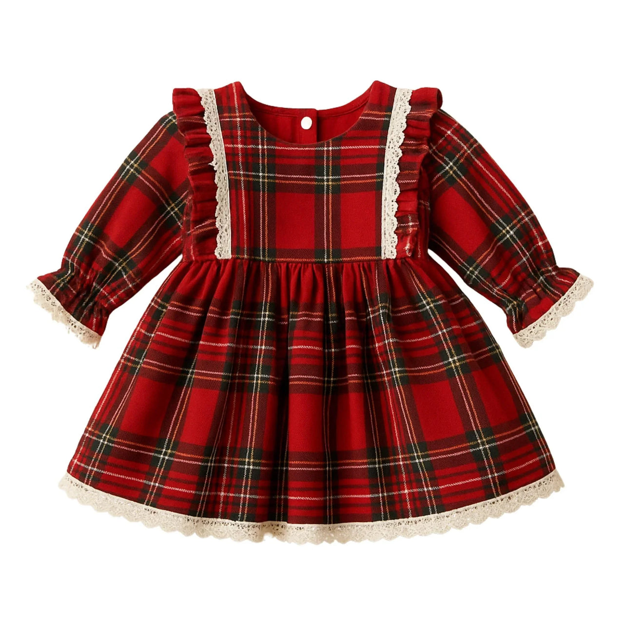 Baby's red plaid dress with lace trim on a white background