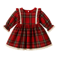 Thumbnail for Baby's red plaid dress with lace trim on a white background