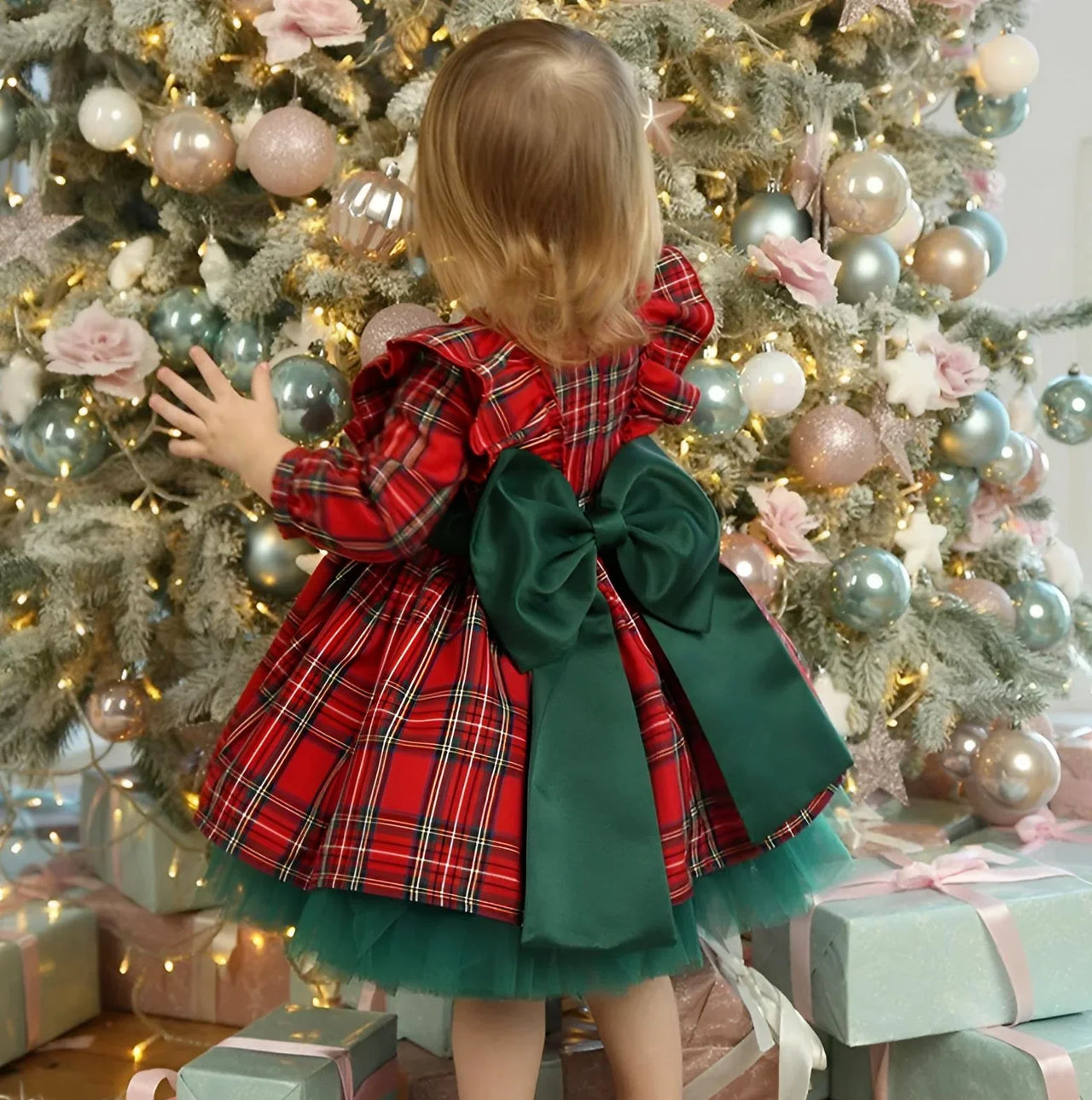 6M-5 Years Girls Plaid Christmas Dresses Toddler Kids Red Green Plaid Bow Dresses For Girl