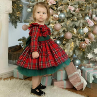 Thumbnail for 6M-5 Years Girls Plaid Christmas Dresses Toddler Kids Red Green Plaid Bow Dresses For Girl