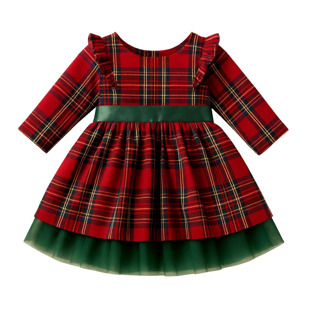 Girl's red plaid dress with green trim on a white background