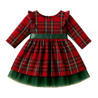Thumbnail for Girl's red plaid dress with green trim on a white background