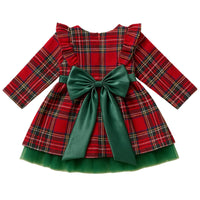Thumbnail for 6M-5 Years Girls Plaid Christmas Dresses Toddler Kids Red Green Plaid Bow Dresses For Girl