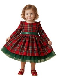 Thumbnail for 6M-5 Years Girls Plaid Christmas Dresses Toddler Kids Red Green Plaid Bow Dresses For Girl