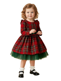 Thumbnail for 6M-5 Years Girls Plaid Christmas Dresses Toddler Kids Red Green Plaid Bow Dresses For Girl