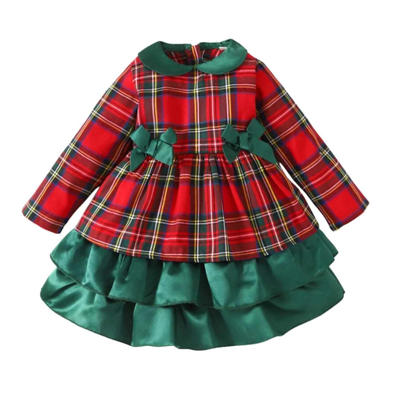 Baby's red and green plaid dress with a tiered green skirt on a white background
