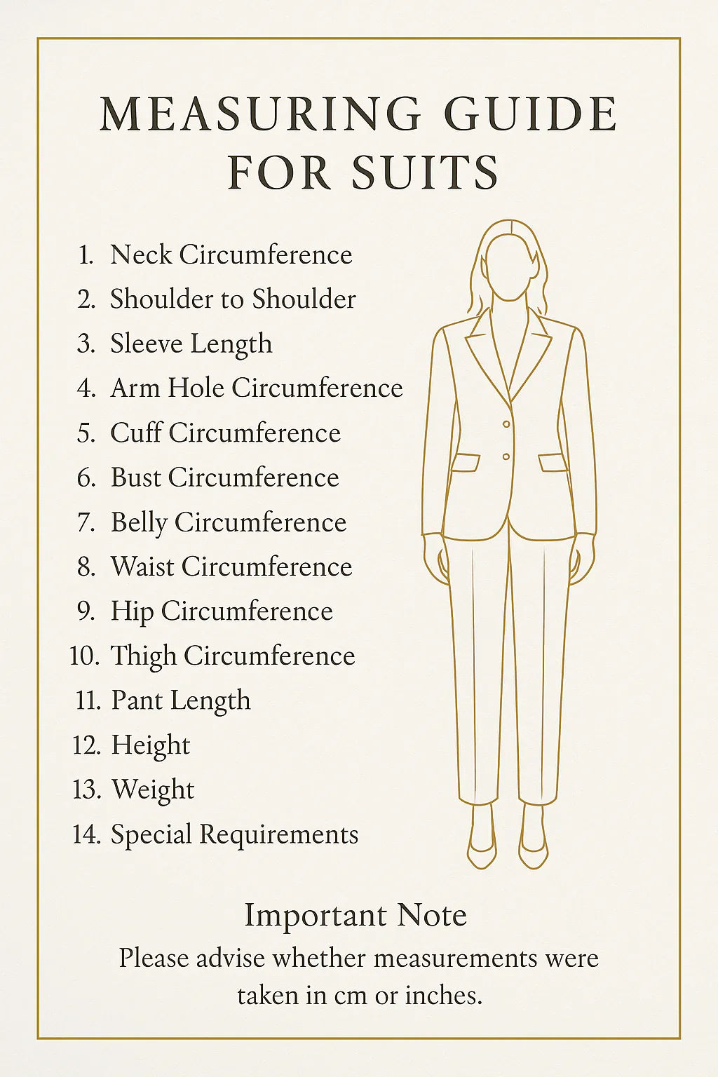Measuring guide for suits with a line drawing of a person wearing a suit.