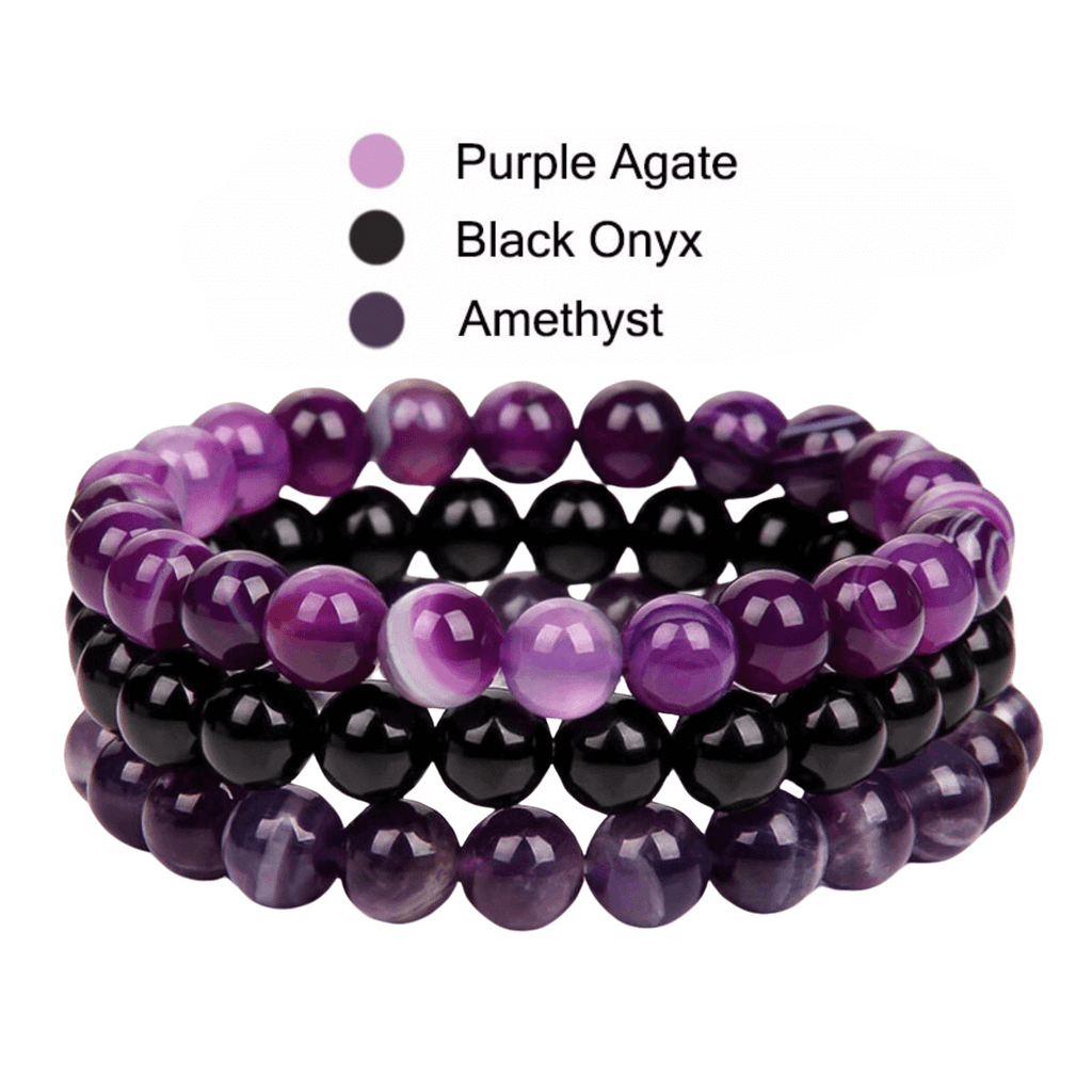 8mm Natural Stone Bracelet Purple Agate/Black Onyx/Amethyst 3 Piece Set